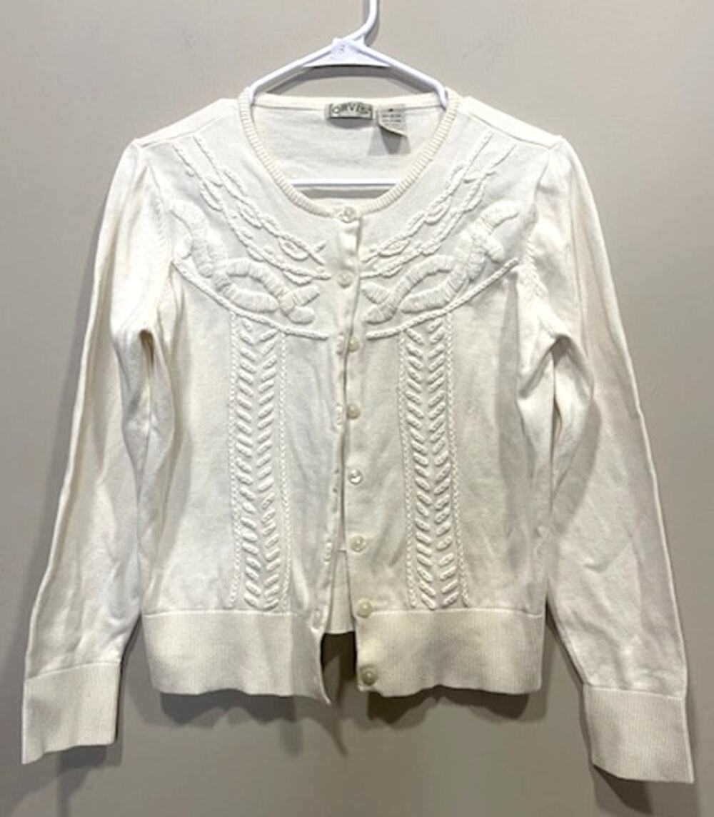 Orvis 100% Cotton Ivory Cardigan Sweater Embroidered Women's Sz Med